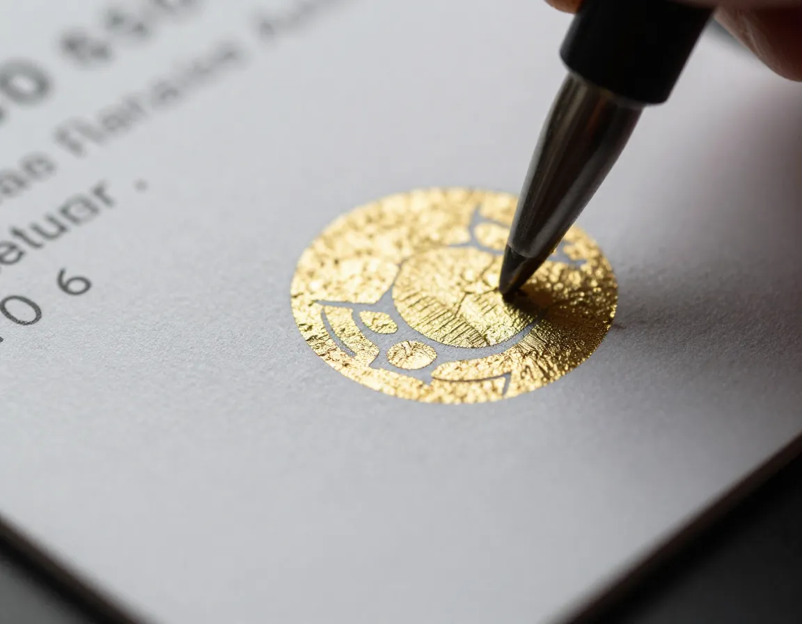 Close-up of metallic foil stamping on business card showing gold foil accents